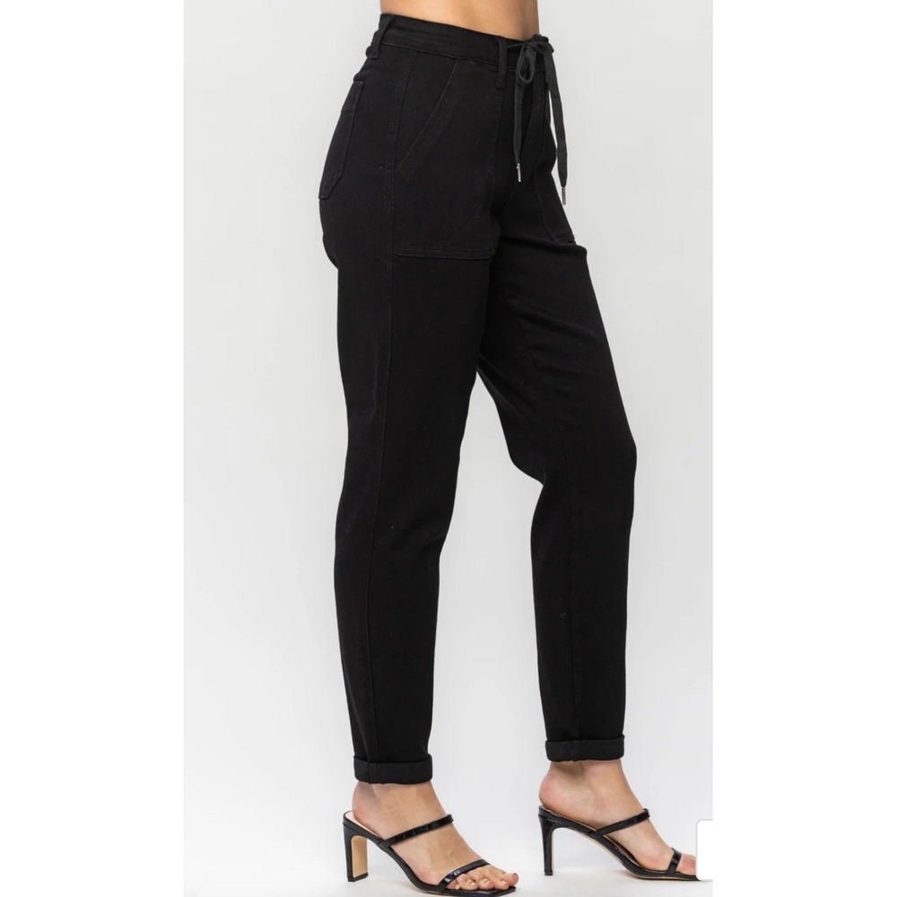Judy Blue Jet Black Jogger Jeans Double Roll Cuff Size 5/27 Draw String - Picture 2 of 10